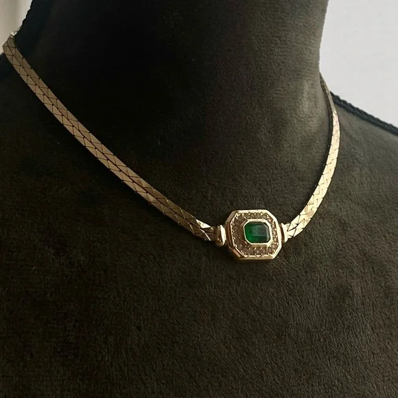 Vintage Grossé (Dior) Green Swirly Poured Glass Double Layer Gold Chain Necklace - Picture 5 of 8